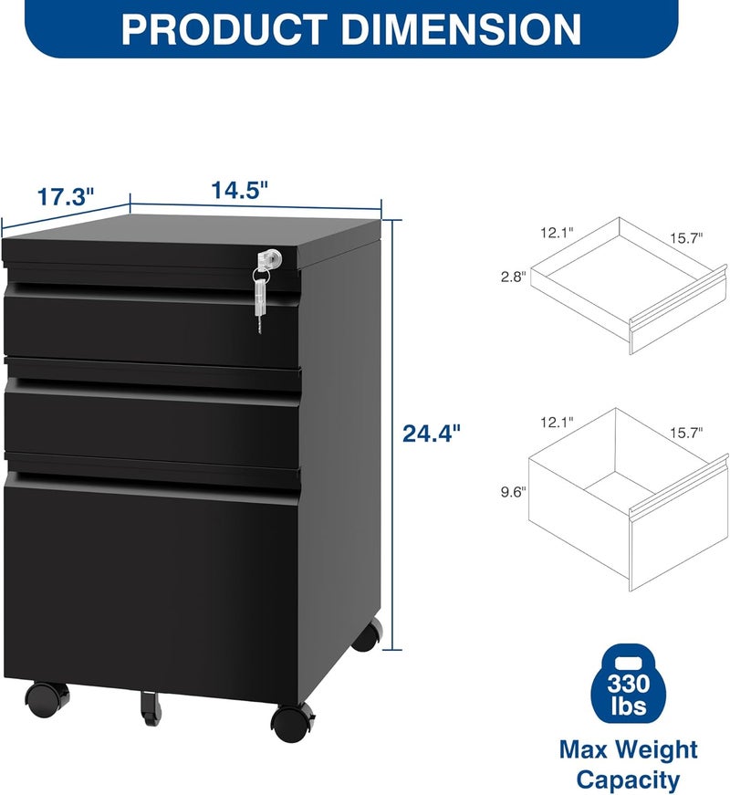 Fesbos 3 Drawer Mobile Metal File Cabinet, Black Filling Cabinets with Lock, Pre-Built Office Storage File Cabinet with Wheels Under Desk - Assembled Required - Image 2